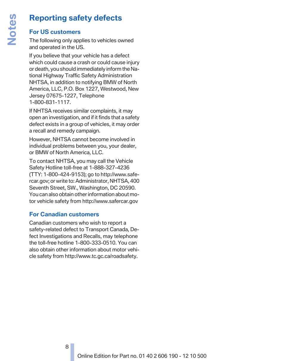 Reporting safety defects | BMW X3 xDrive35i 2011 User Manual | Page 8 / 262