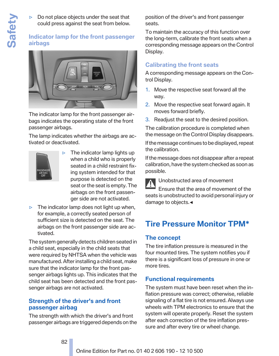 Tire pressure monitor tpm, Safety | BMW X3 xDrive35i 2011 User Manual | Page 82 / 262