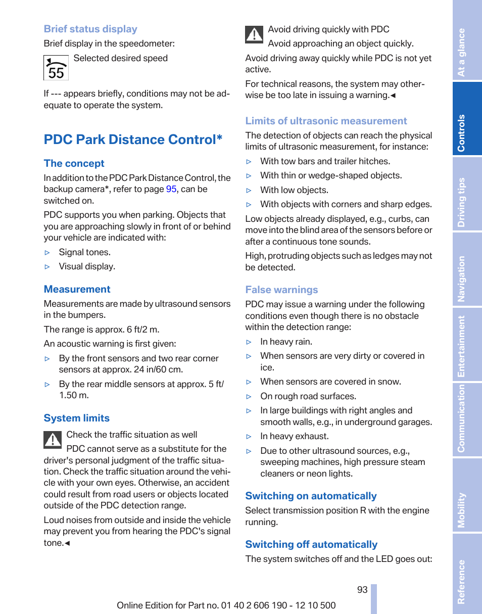 Pdc park distance control, Trol | BMW X3 xDrive35i 2011 User Manual | Page 93 / 262