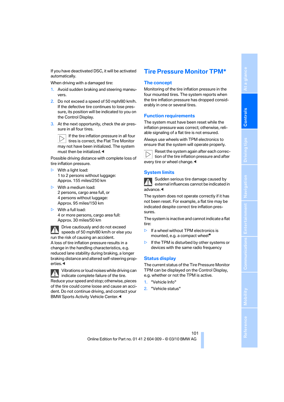 Tire pressure monitor tpm | BMW X6 xDrive50i 2011 User Manual | Page 103 / 312