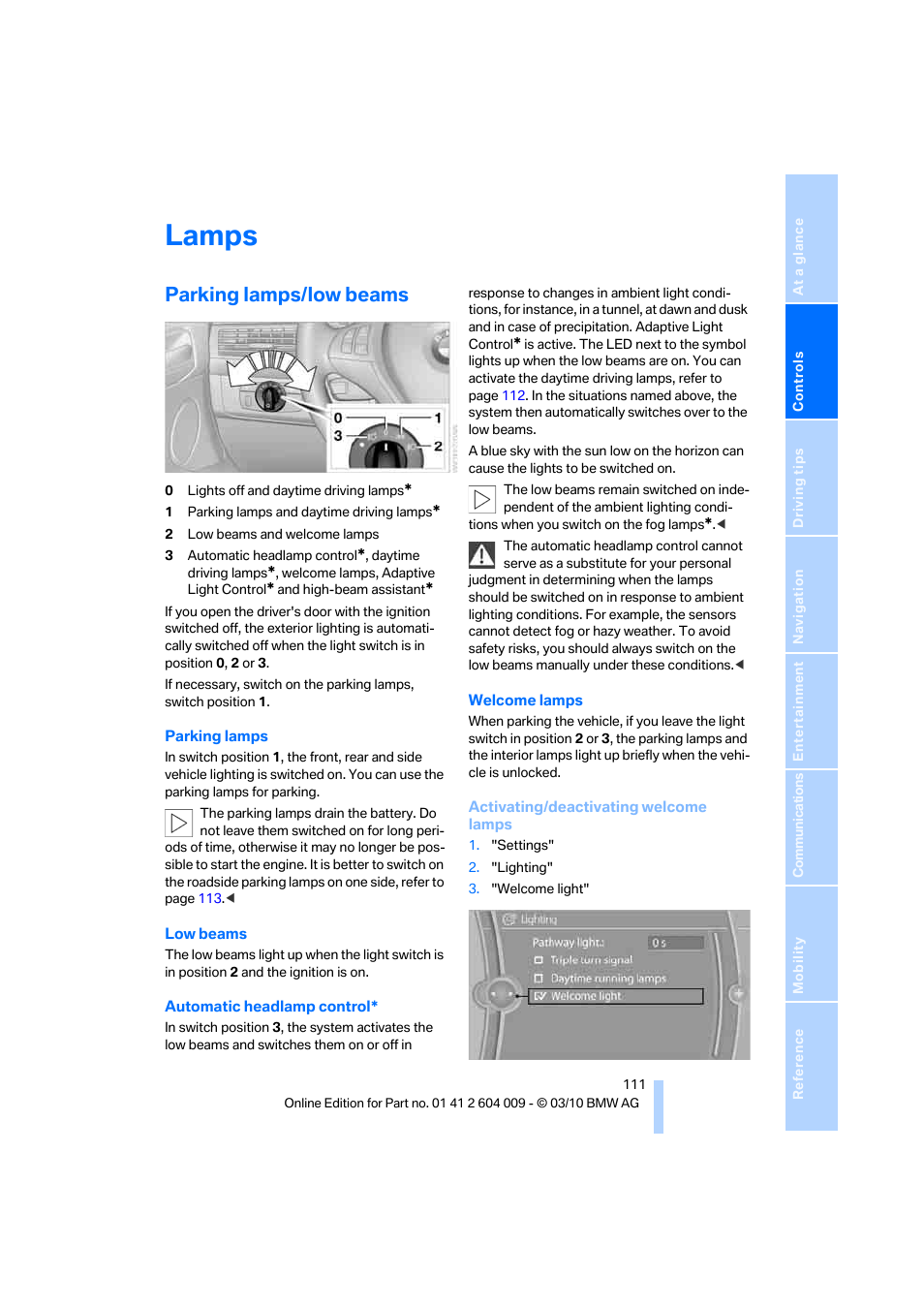 Lamps, Parking lamps/low beams | BMW X6 xDrive50i 2011 User Manual | Page 113 / 312