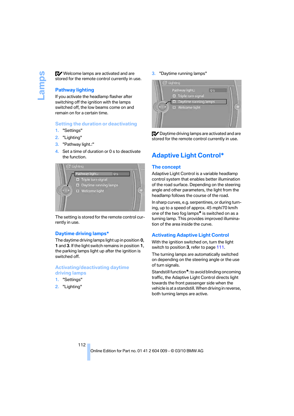 Adaptive light control, La mps | BMW X6 xDrive50i 2011 User Manual | Page 114 / 312