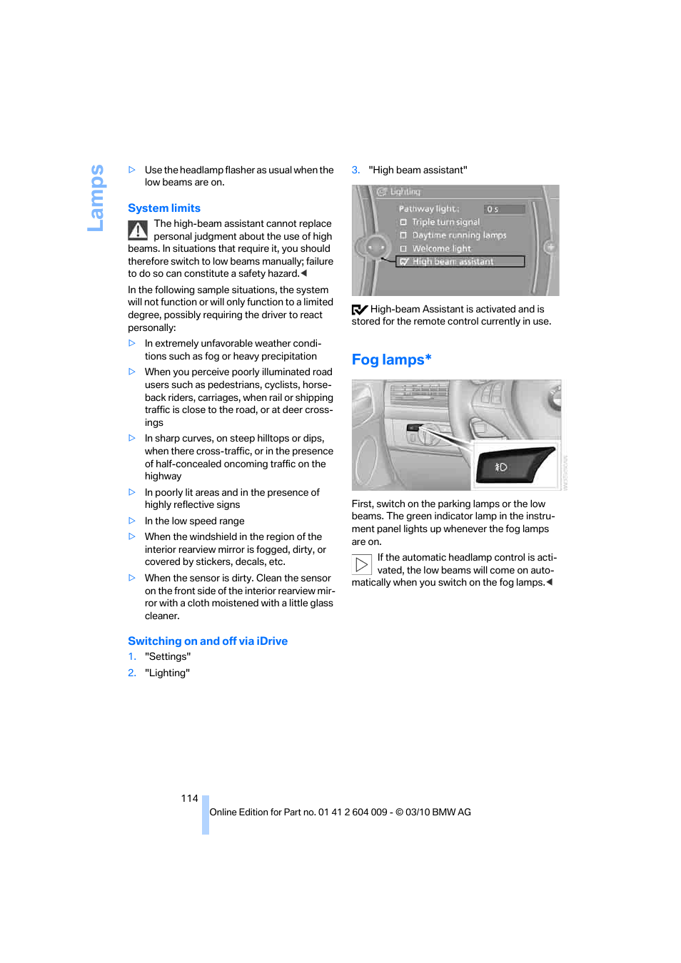 Fog lamps, La mps | BMW X6 xDrive50i 2011 User Manual | Page 116 / 312