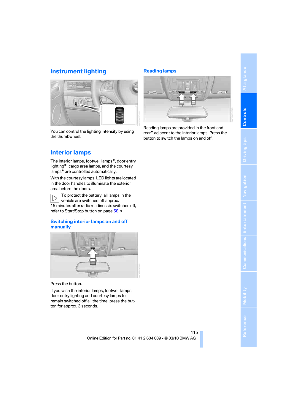 Instrument lighting, Interior lamps, Reading lamps | BMW X6 xDrive50i 2011 User Manual | Page 117 / 312