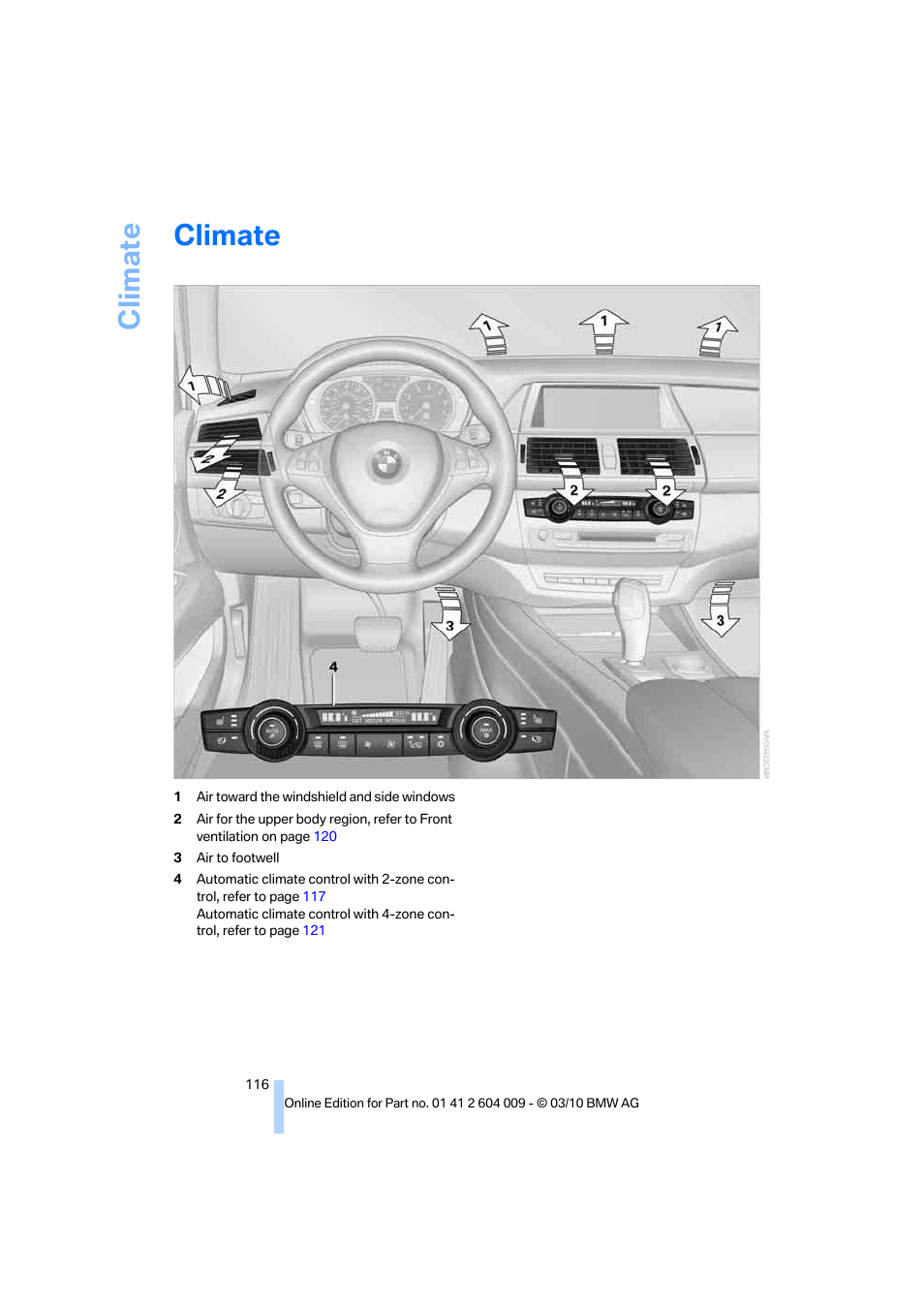 Climate | BMW X6 xDrive50i 2011 User Manual | Page 118 / 312