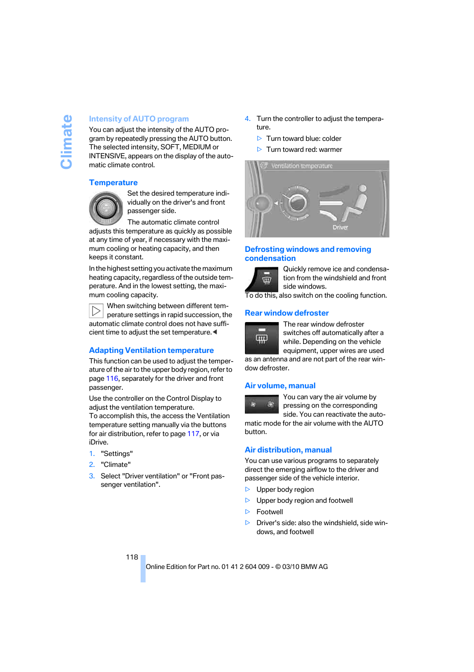 Bution, Climate | BMW X6 xDrive50i 2011 User Manual | Page 120 / 312