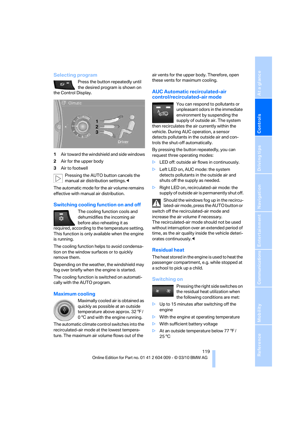 Recirculated-air mode, Ling function | BMW X6 xDrive50i 2011 User Manual | Page 121 / 312