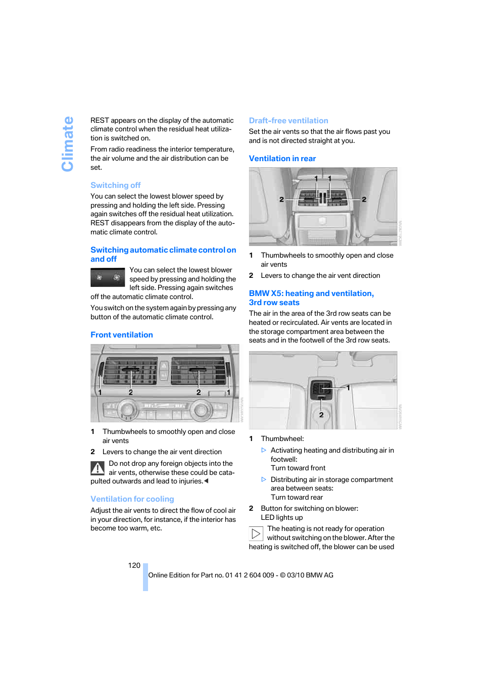 Front, Climate | BMW X6 xDrive50i 2011 User Manual | Page 122 / 312