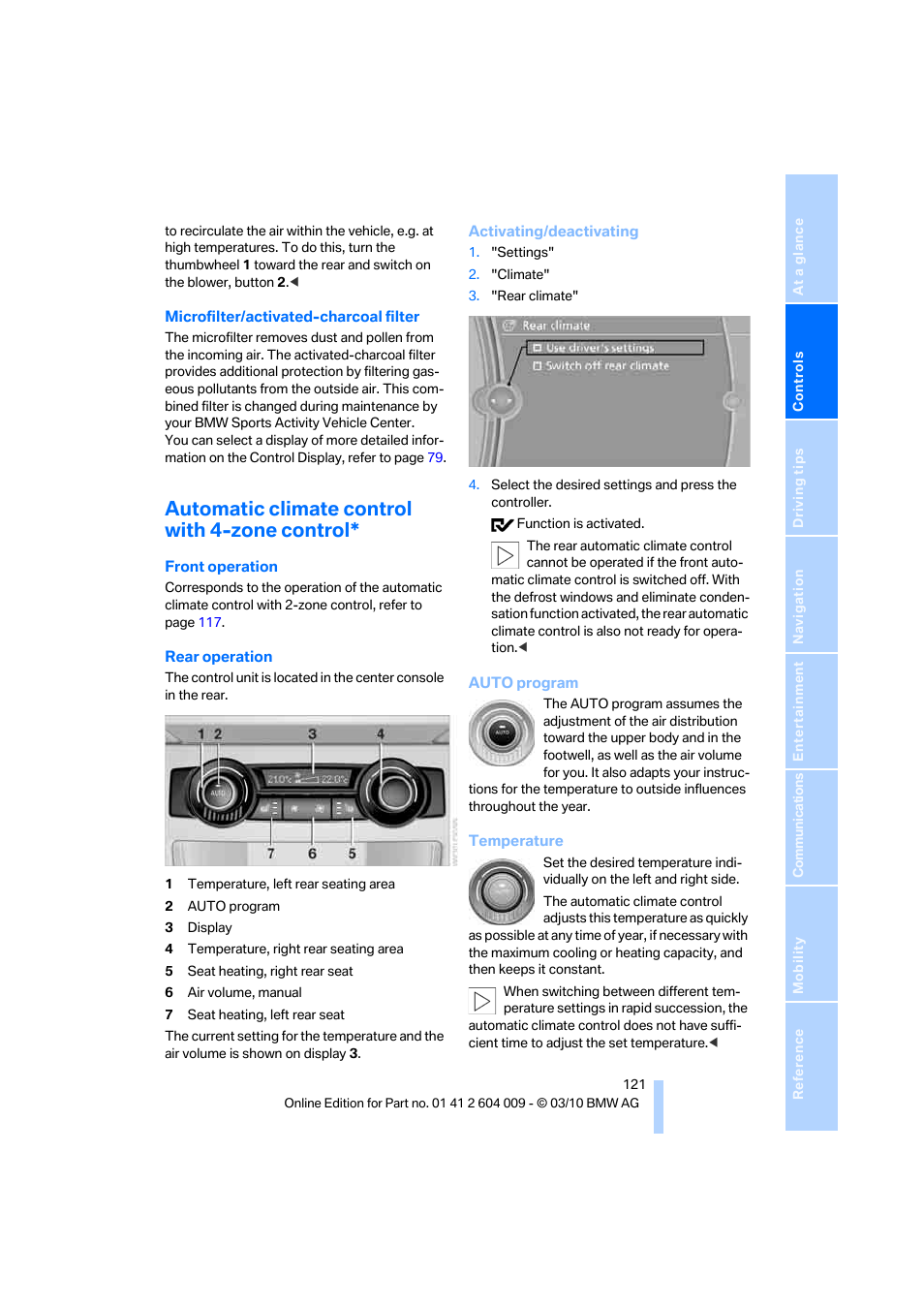 Automatic climate control with 4-zone control | BMW X6 xDrive50i 2011 User Manual | Page 123 / 312