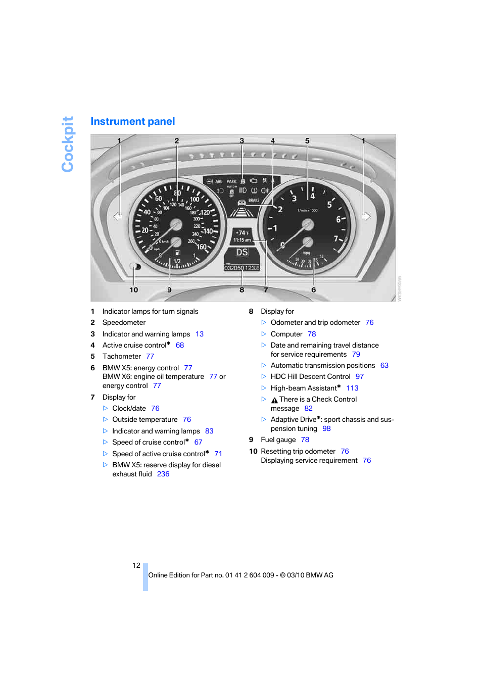 Instrument panel, Cockpit | BMW X6 xDrive50i 2011 User Manual | Page 14 / 312