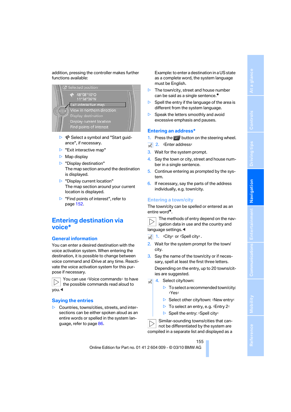 Entering destination via voice | BMW X6 xDrive50i 2011 User Manual | Page 157 / 312