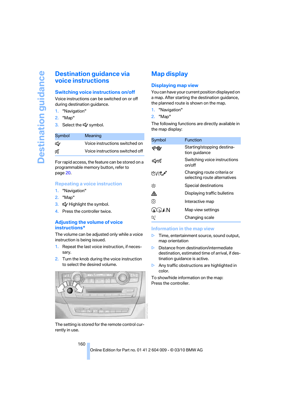 Destination guidance via voice instructions, Map display, Destination guidance | BMW X6 xDrive50i 2011 User Manual | Page 162 / 312