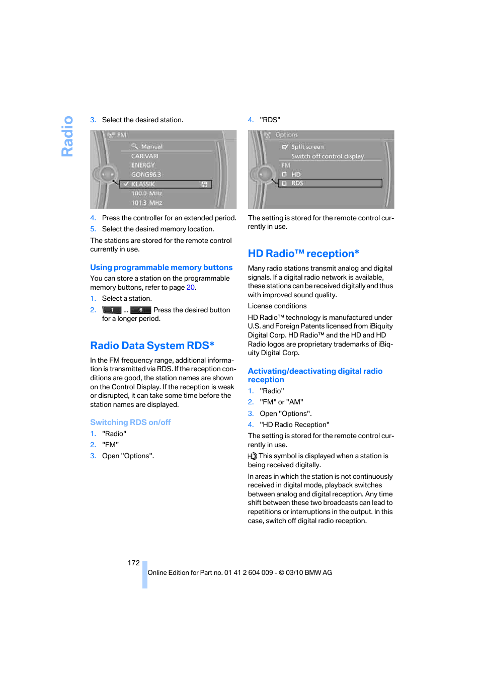 Radio data system rds, Hd radio™ reception, Radi o | BMW X6 xDrive50i 2011 User Manual | Page 174 / 312