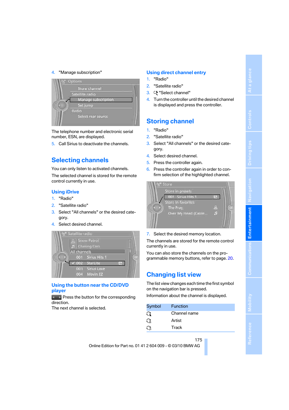 Selecting channels, Storing channel, Changing list view | BMW X6 xDrive50i 2011 User Manual | Page 177 / 312