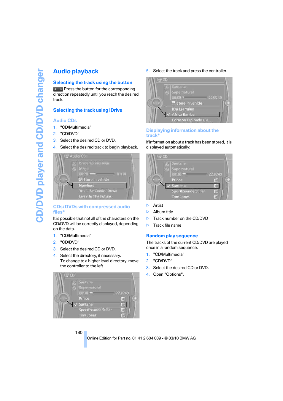 Audio playback, Cd/dvd player and cd/dvd changer | BMW X6 xDrive50i 2011 User Manual | Page 182 / 312