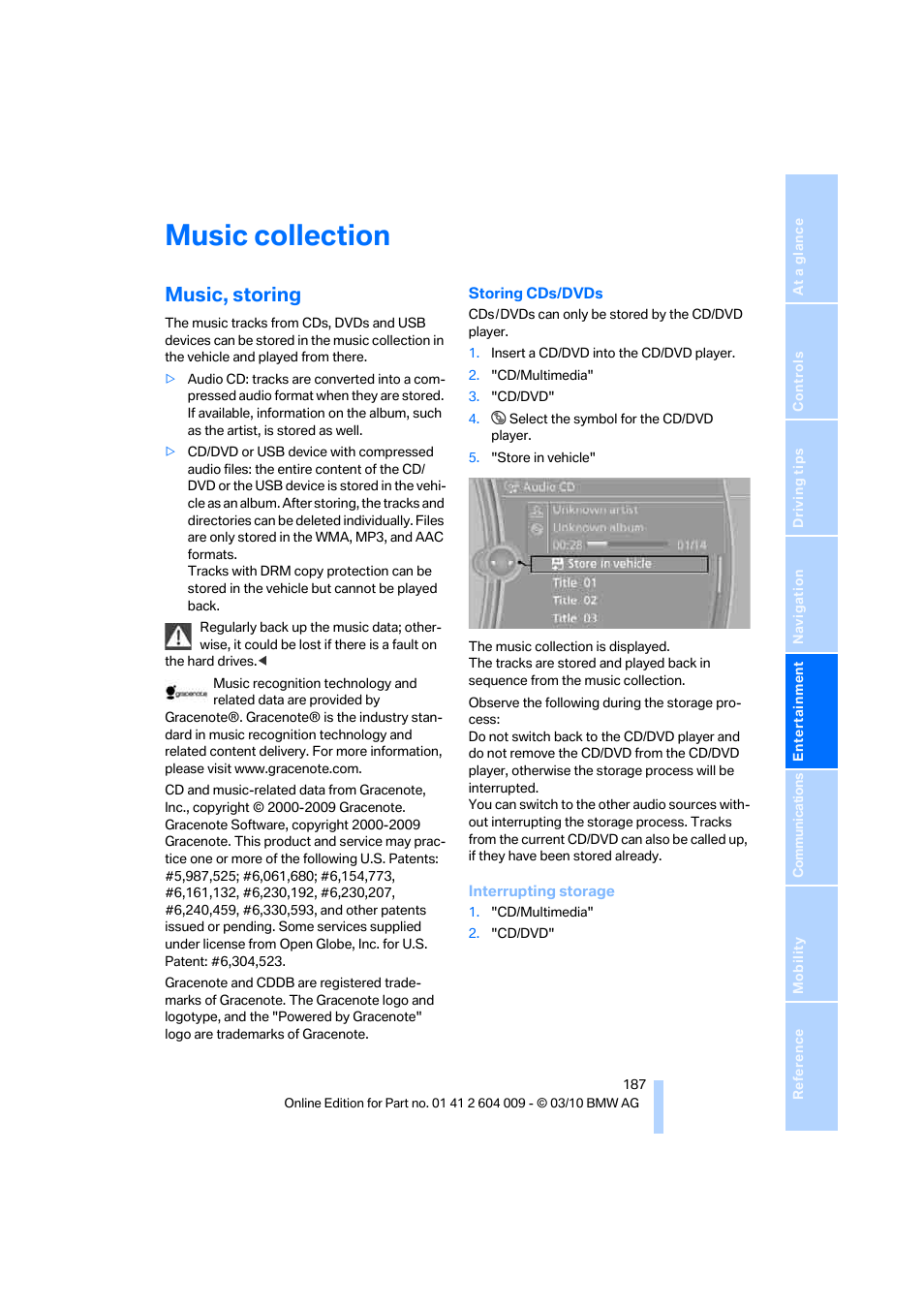 Music collection, Music, storing | BMW X6 xDrive50i 2011 User Manual | Page 189 / 312