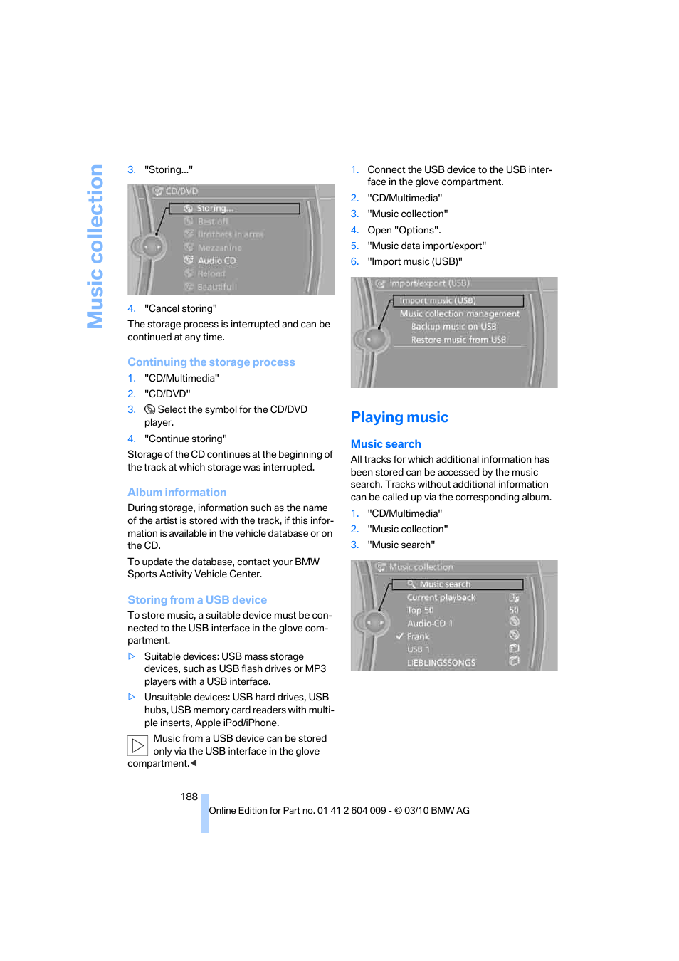 Playing music, Music collection | BMW X6 xDrive50i 2011 User Manual | Page 190 / 312