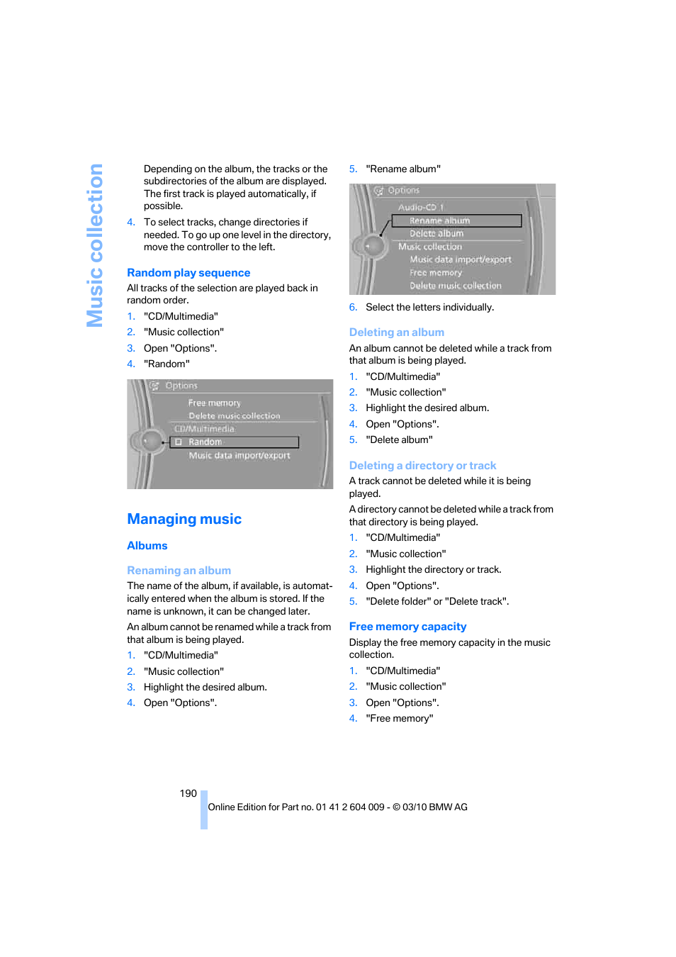 Managing music, Music collection | BMW X6 xDrive50i 2011 User Manual | Page 192 / 312