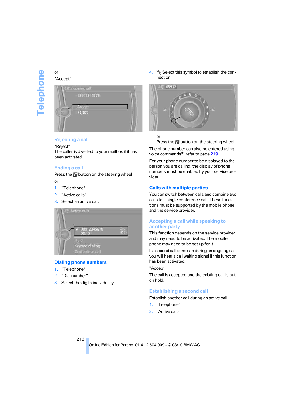 Te lephone | BMW X6 xDrive50i 2011 User Manual | Page 218 / 312