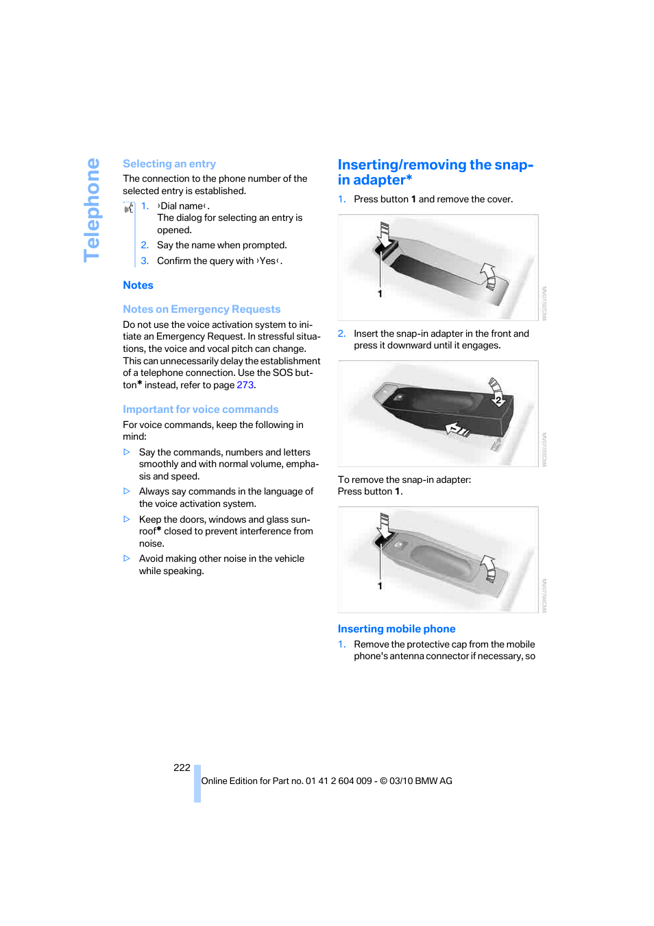 Inserting/removing the snap- in adapter, Te lephone | BMW X6 xDrive50i 2011 User Manual | Page 224 / 312