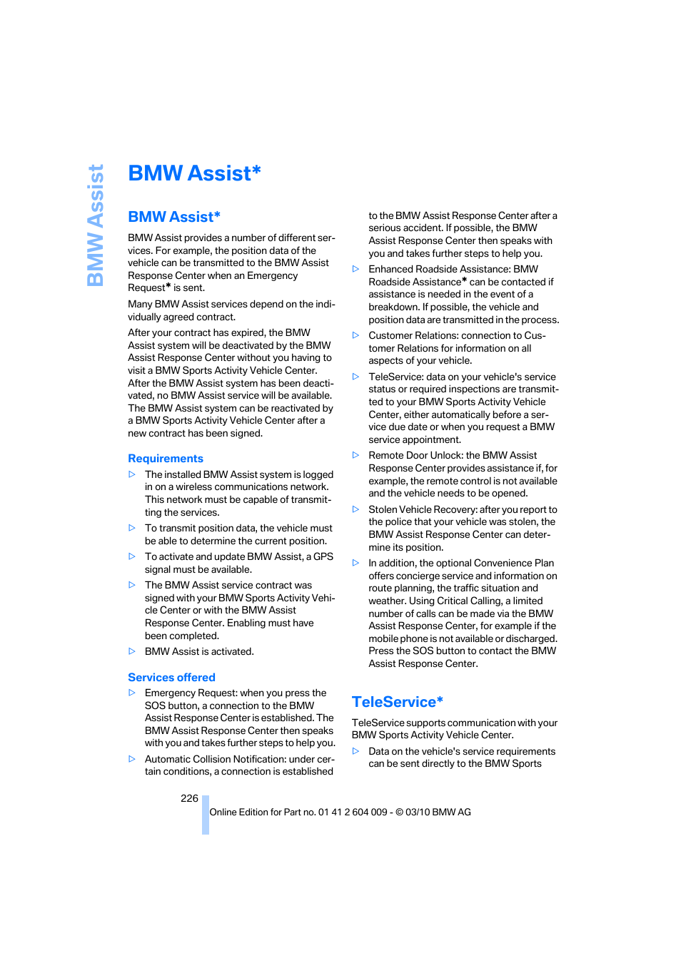 Bmw assist, Teleservice | BMW X6 xDrive50i 2011 User Manual | Page 228 / 312