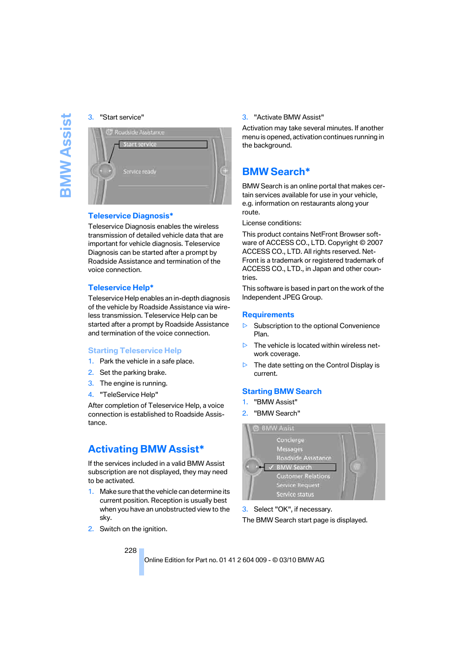 Activating bmw assist, Bmw search, Bmw assist | BMW X6 xDrive50i 2011 User Manual | Page 230 / 312