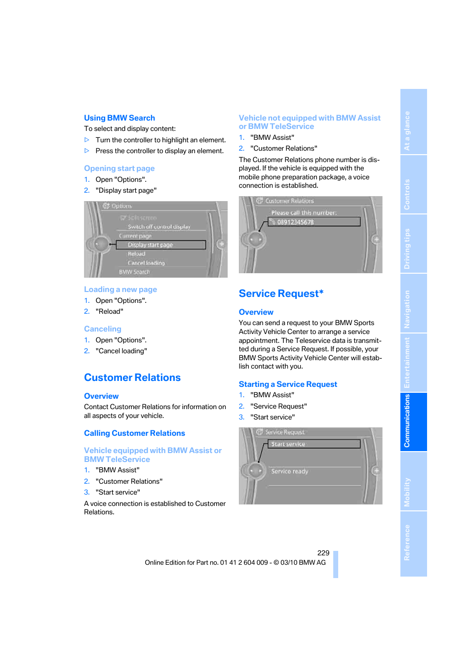 Customer relations, Service request | BMW X6 xDrive50i 2011 User Manual | Page 231 / 312