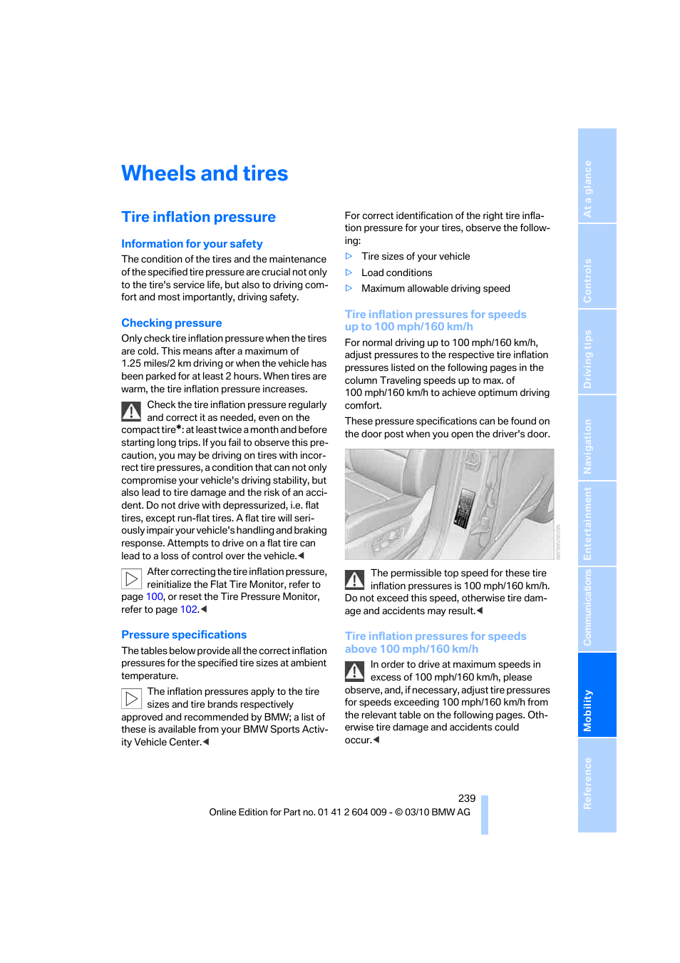 Wheels and tires, Tire inflation pressure | BMW X6 xDrive50i 2011 User Manual | Page 241 / 312