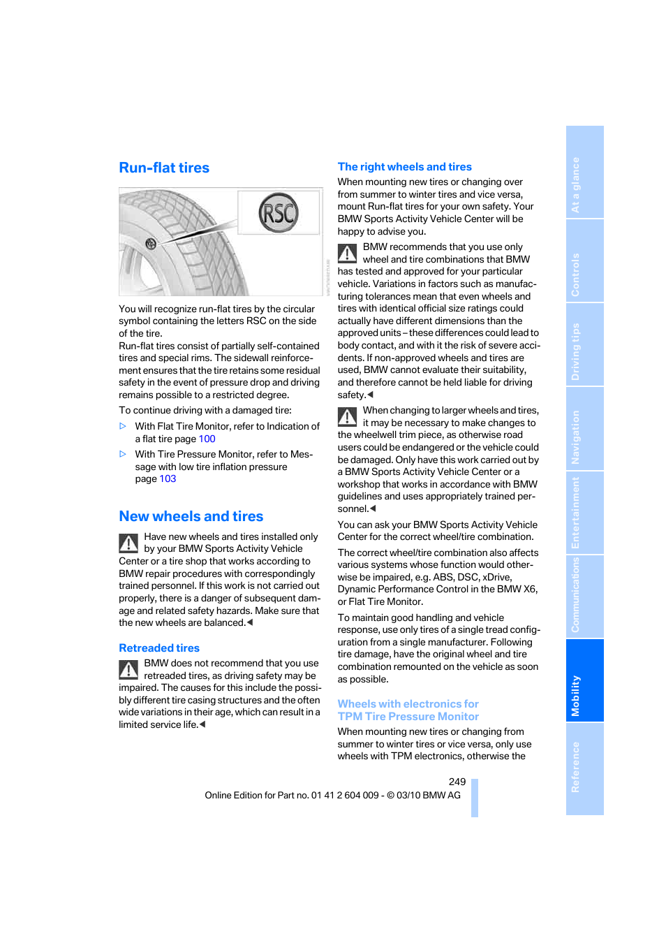 Run-flat tires, New wheels and tires | BMW X6 xDrive50i 2011 User Manual | Page 251 / 312