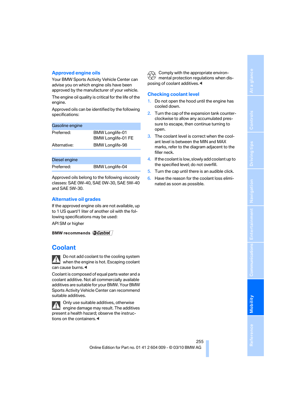 Coolant | BMW X6 xDrive50i 2011 User Manual | Page 257 / 312