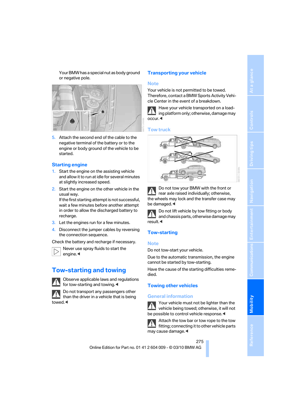 Tow-starting and towing | BMW X6 xDrive50i 2011 User Manual | Page 277 / 312