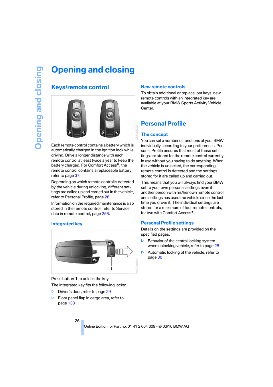 Opening and closing, Keys/remote control, Personal profile | BMW X6 xDrive50i 2011 User Manual | Page 28 / 312