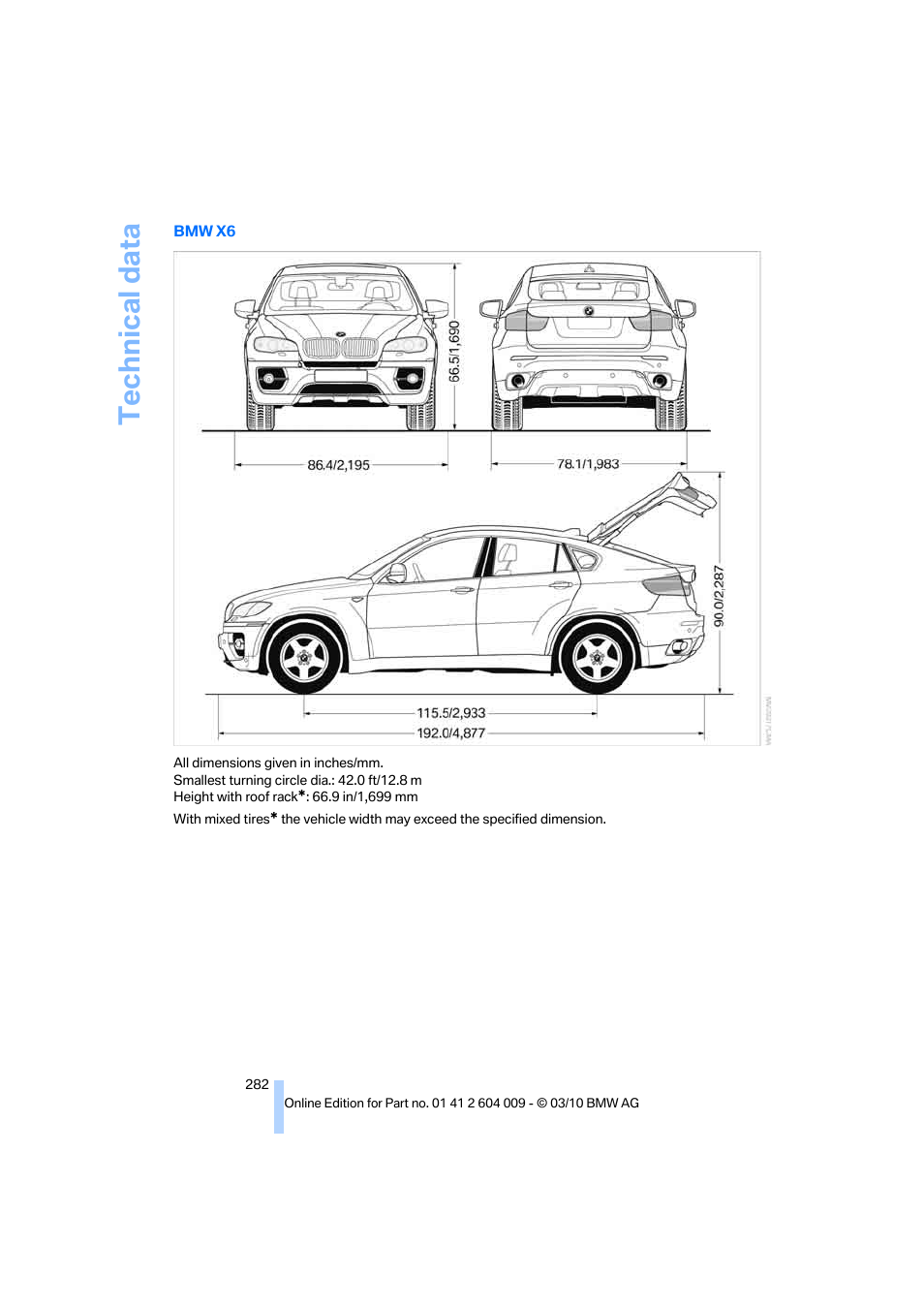 Technical data | BMW X6 xDrive50i 2011 User Manual | Page 284 / 312