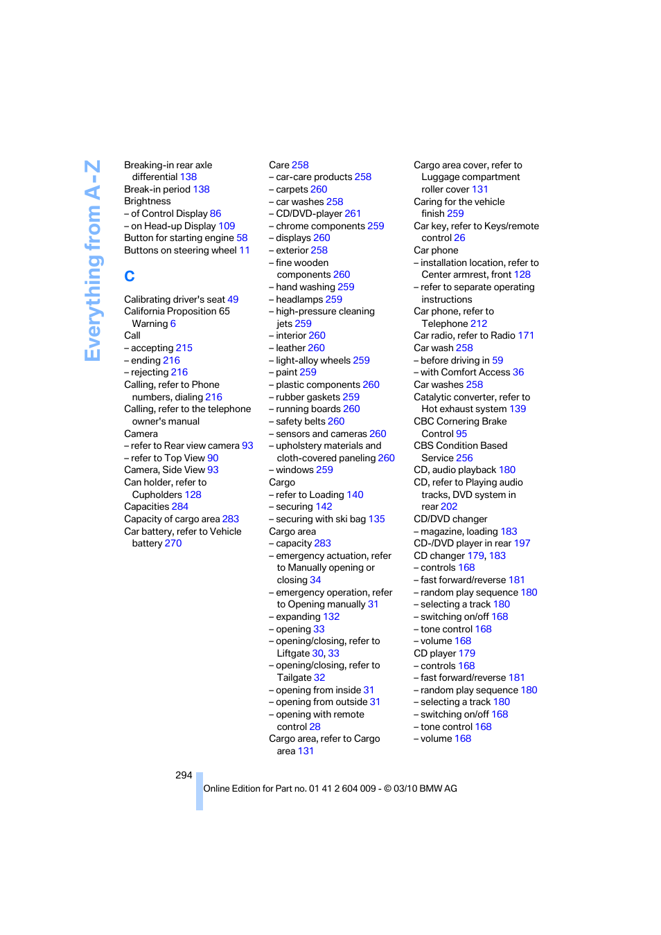 Everything from a -z | BMW X6 xDrive50i 2011 User Manual | Page 296 / 312