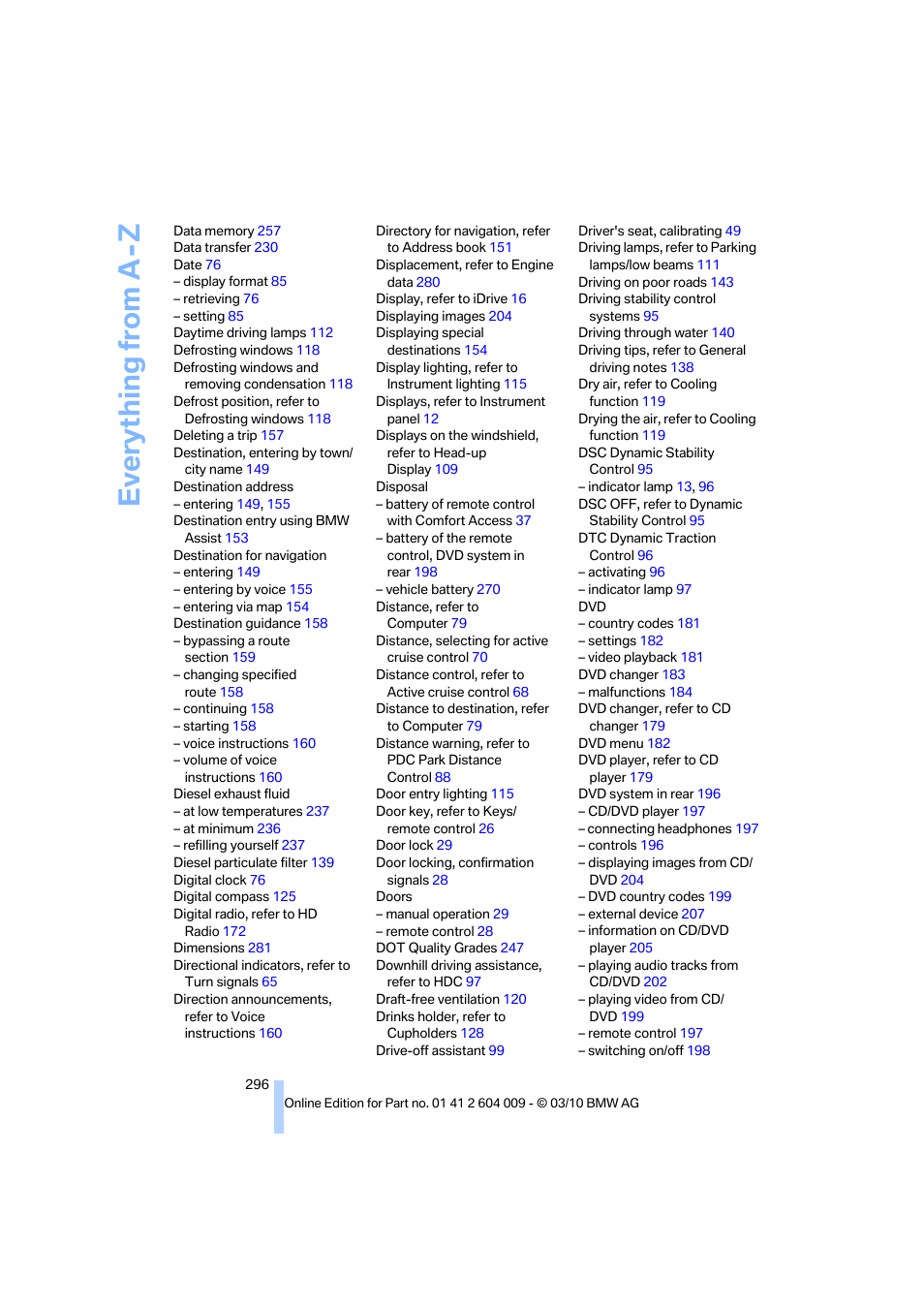 Everything from a -z | BMW X6 xDrive50i 2011 User Manual | Page 298 / 312