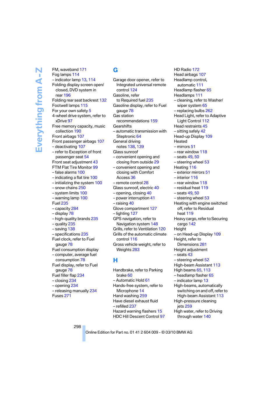 Everything from a -z | BMW X6 xDrive50i 2011 User Manual | Page 300 / 312