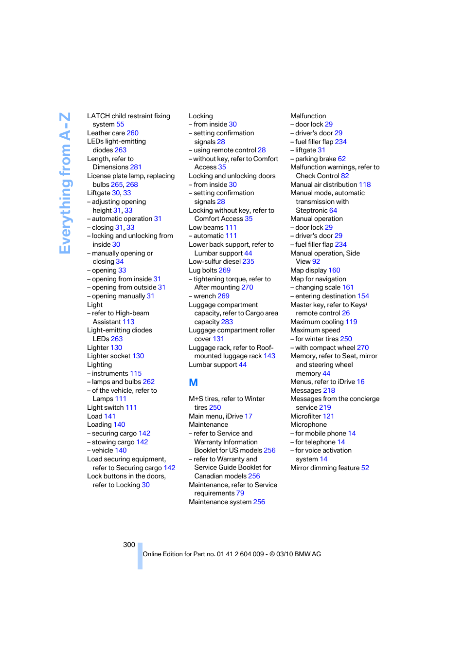 Everything from a -z | BMW X6 xDrive50i 2011 User Manual | Page 302 / 312