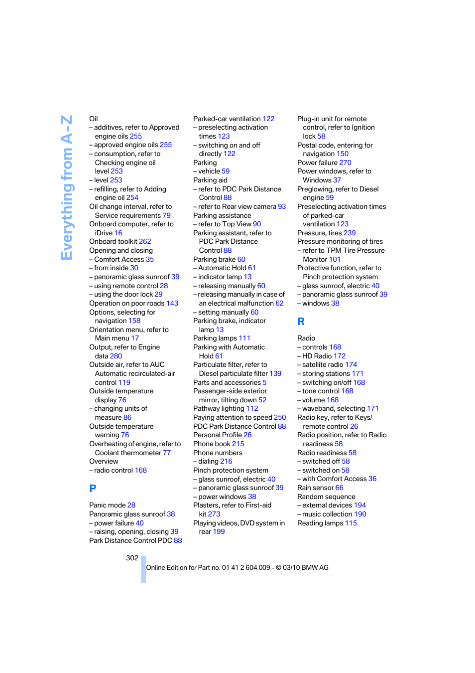 Everything from a -z | BMW X6 xDrive50i 2011 User Manual | Page 304 / 312