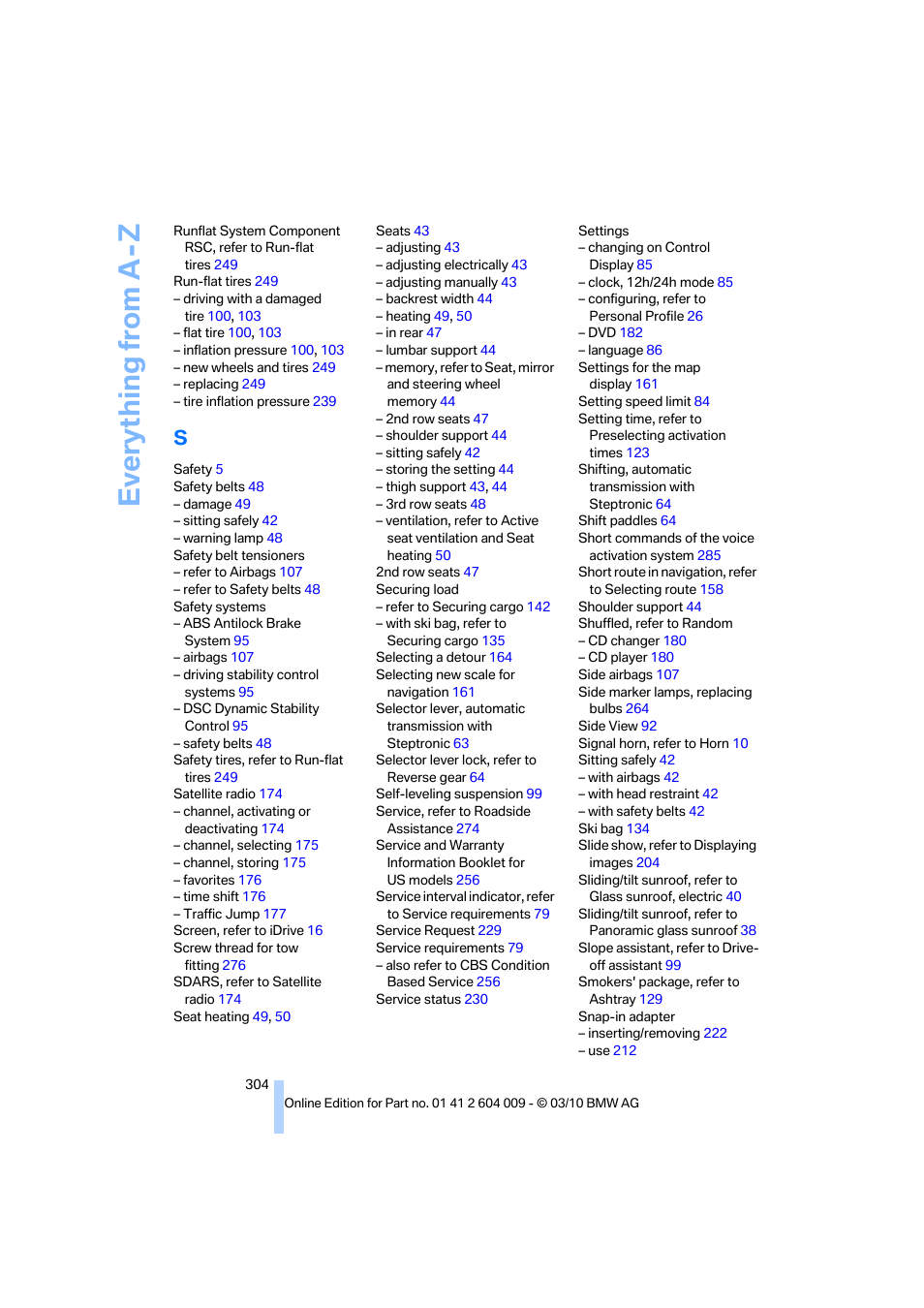 Everything from a -z | BMW X6 xDrive50i 2011 User Manual | Page 306 / 312