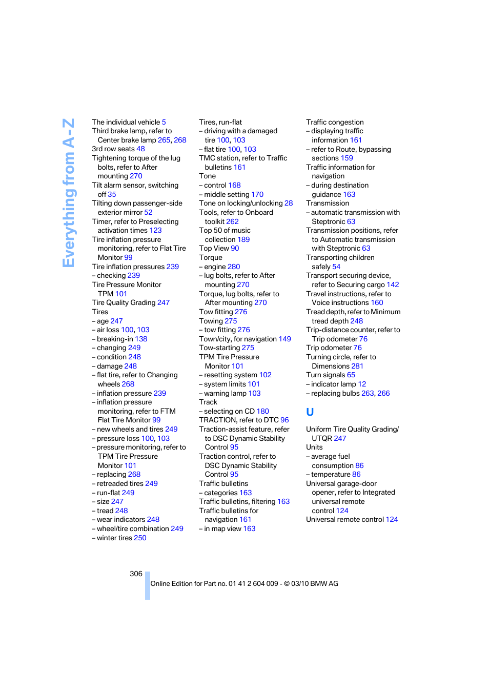 Everything from a -z | BMW X6 xDrive50i 2011 User Manual | Page 308 / 312