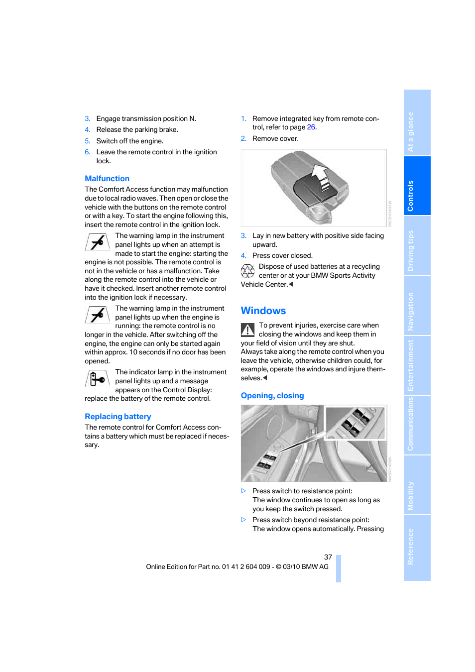 Windows | BMW X6 xDrive50i 2011 User Manual | Page 39 / 312