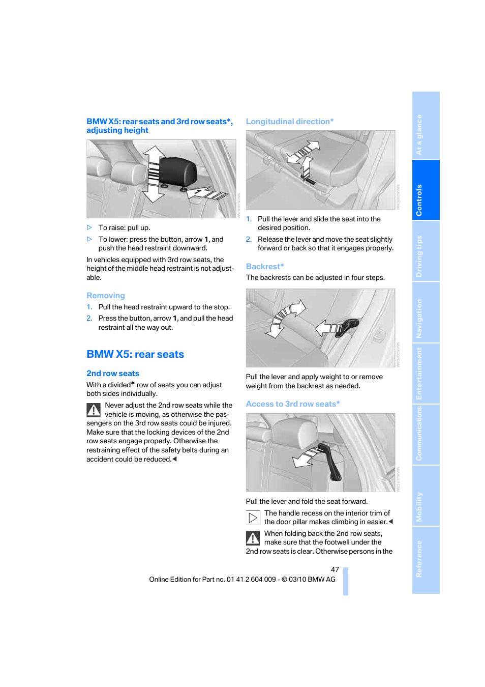 Bmw x5: rear seats | BMW X6 xDrive50i 2011 User Manual | Page 49 / 312