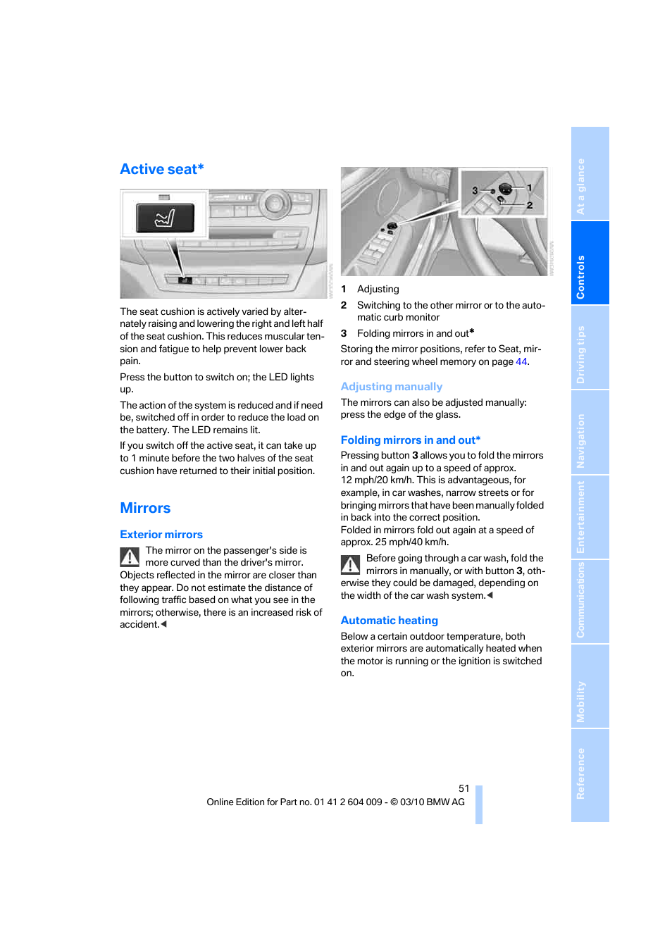 Active seat, Mirrors | BMW X6 xDrive50i 2011 User Manual | Page 53 / 312