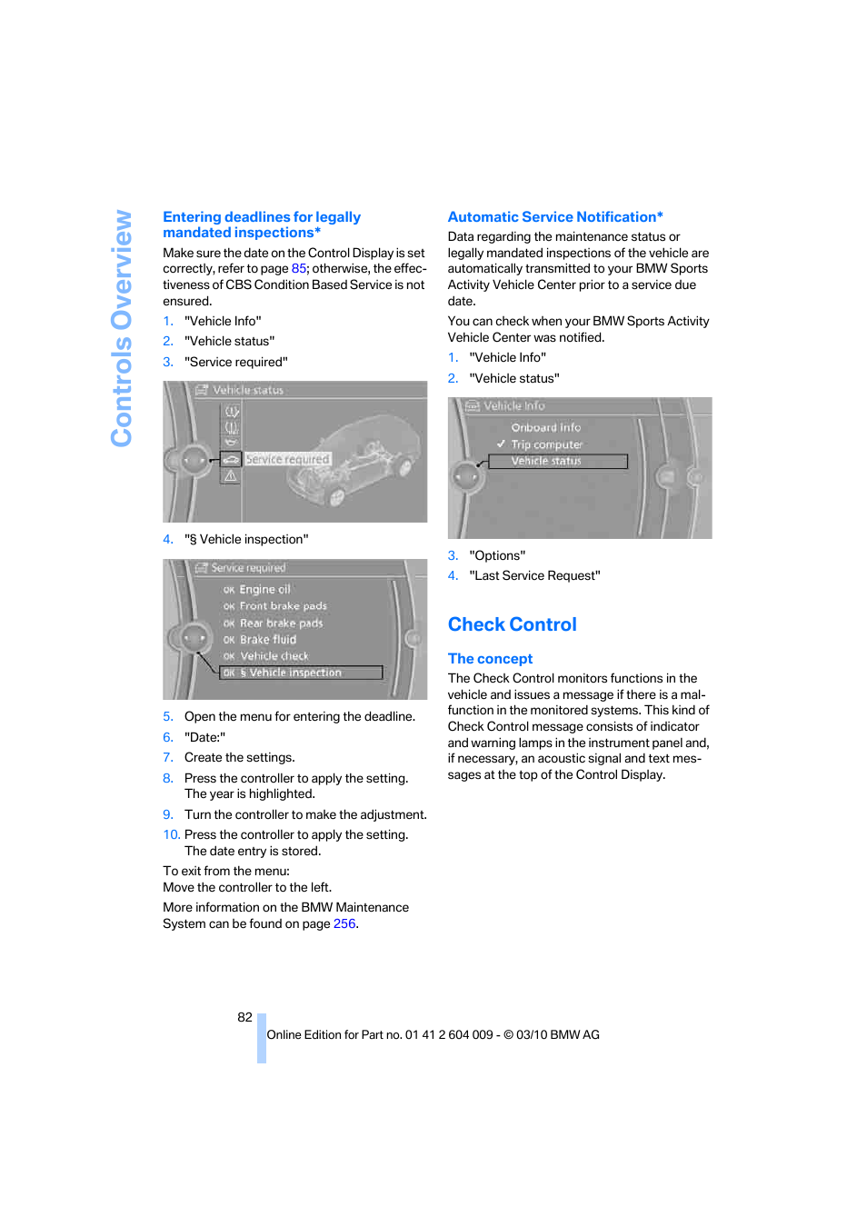 Check control, Controls overview | BMW X6 xDrive50i 2011 User Manual | Page 84 / 312