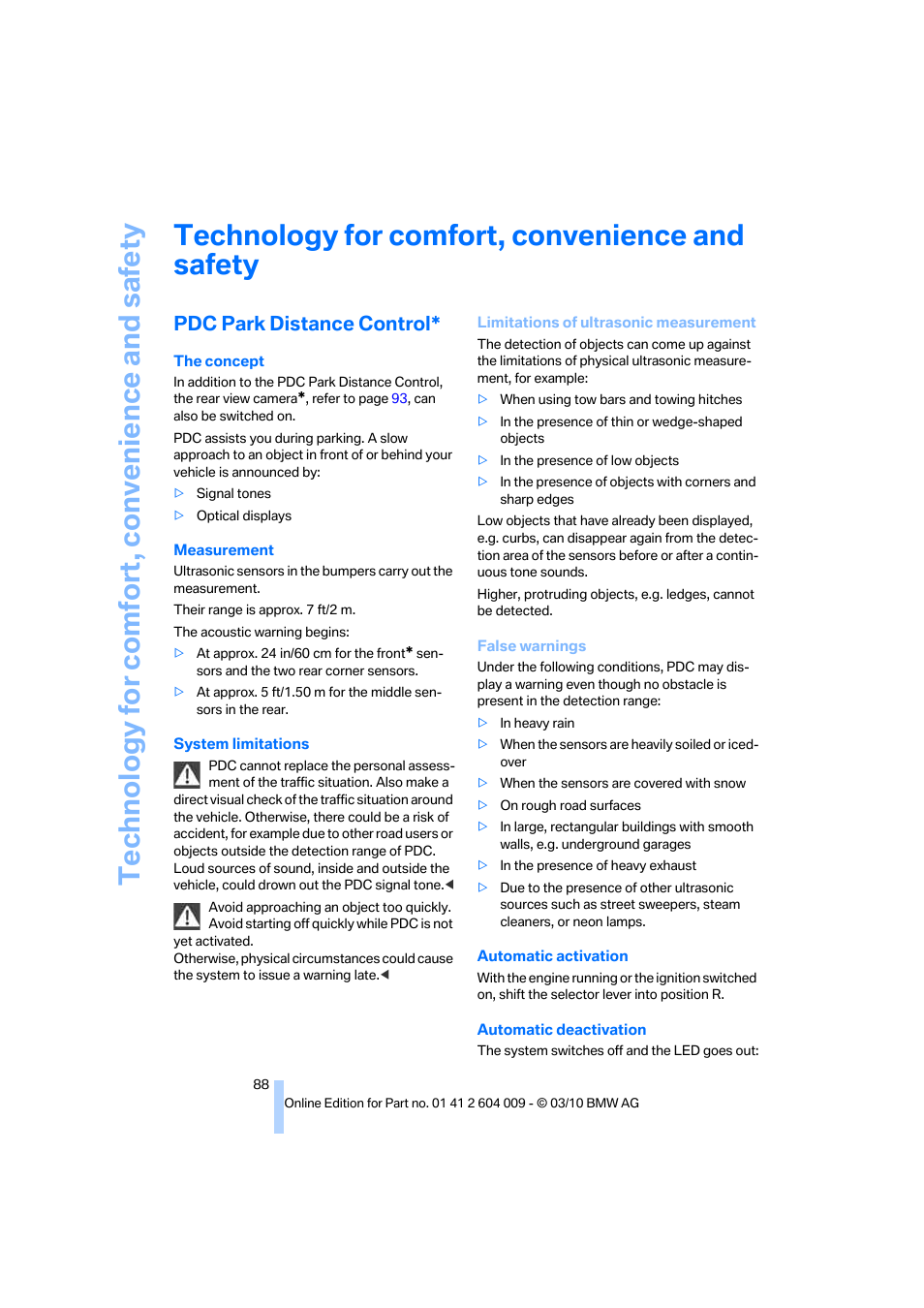 Technology for comfort, convenience and safety, Pdc park distance control | BMW X6 xDrive50i 2011 User Manual | Page 90 / 312