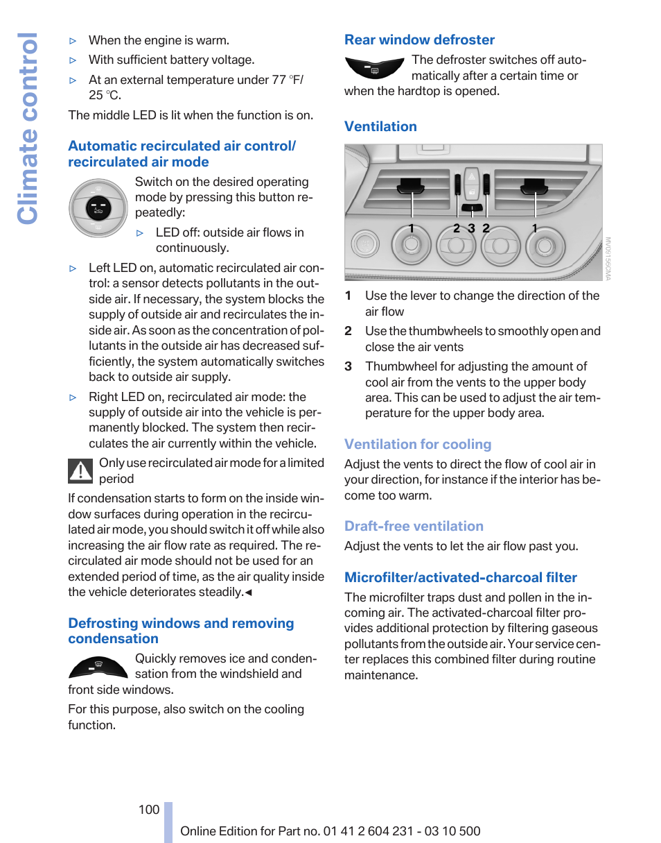 Recirculated air mode 100, Climate control | BMW Z4 sDrive35is 2011 User Manual | Page 100 / 247