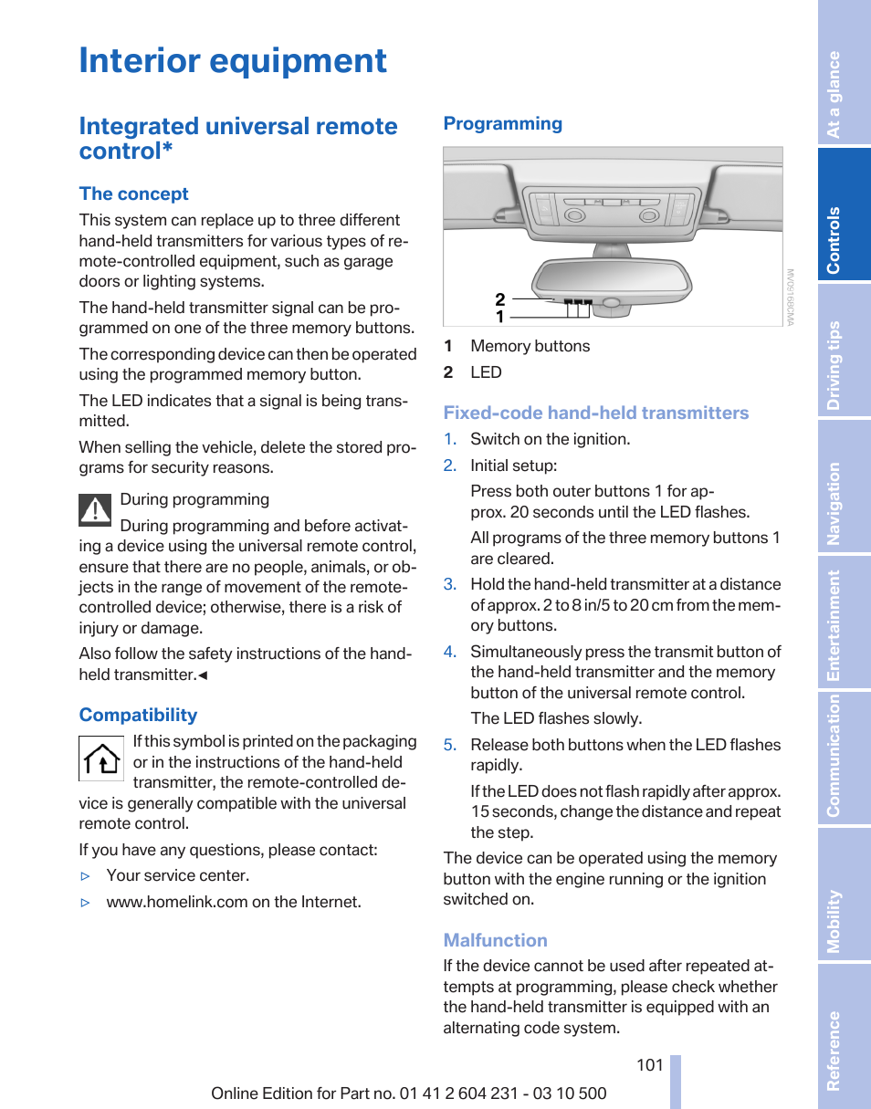 Interior equipment, Integrated universal remote control | BMW Z4 sDrive35is 2011 User Manual | Page 101 / 247