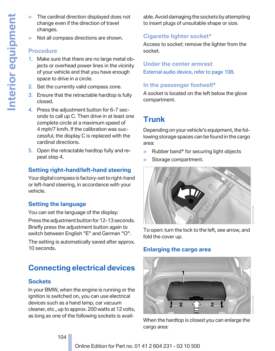 Connecting electrical devices, Trunk, Interior equipment | BMW Z4 sDrive35is 2011 User Manual | Page 104 / 247