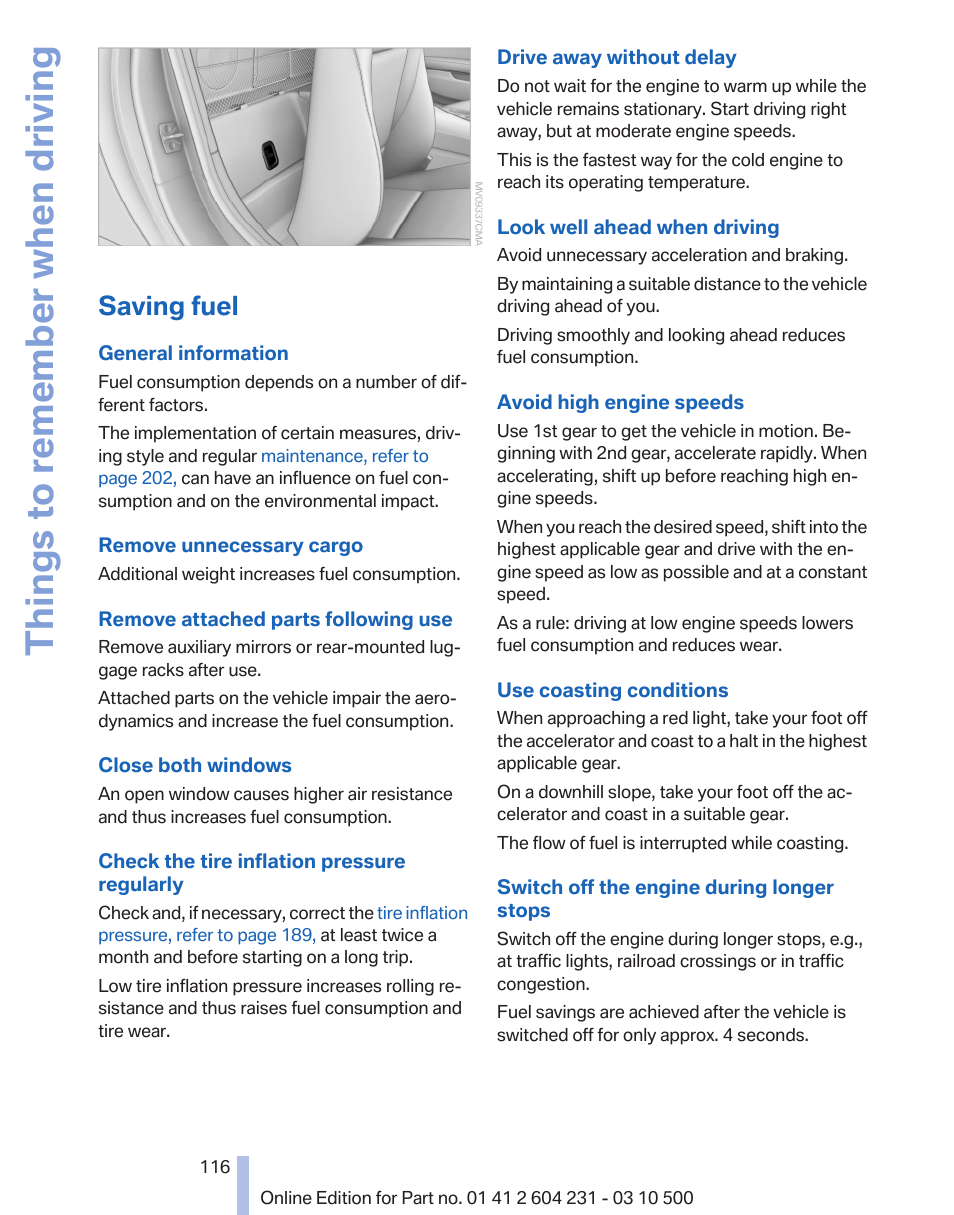Saving fuel, Things to remember when driving | BMW Z4 sDrive35is 2011 User Manual | Page 116 / 247