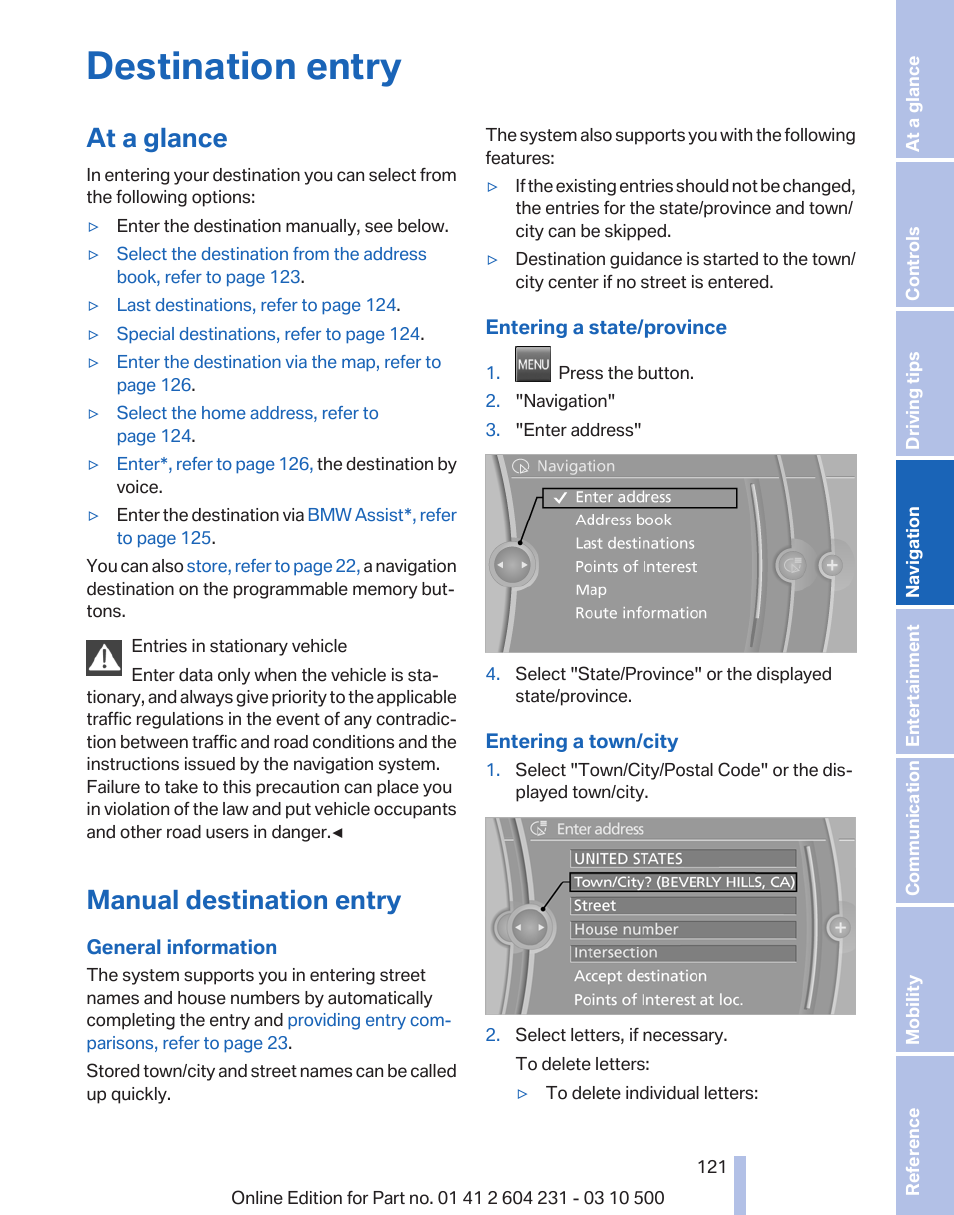 Destination entry, At a glance, Manual destination entry | A destination was entered in the naviga | BMW Z4 sDrive35is 2011 User Manual | Page 121 / 247